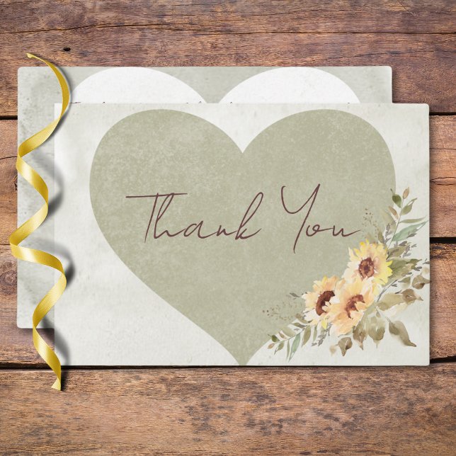 Carte De Remerciements Soft Sunflowers Boho Mariage de coeur (Soft Sunflowers Boho Heart Wedding Thank You Card)