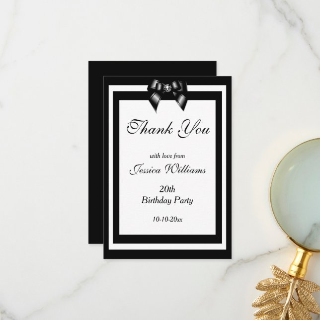 Carte De Remerciements Soirée d'anniversaire noire et blanche (Devant/Arrière en situation)