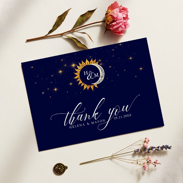 Carte De Remerciements Soleil et Lune Elegant Monogramme bleu marine (Créateur téléchargé)