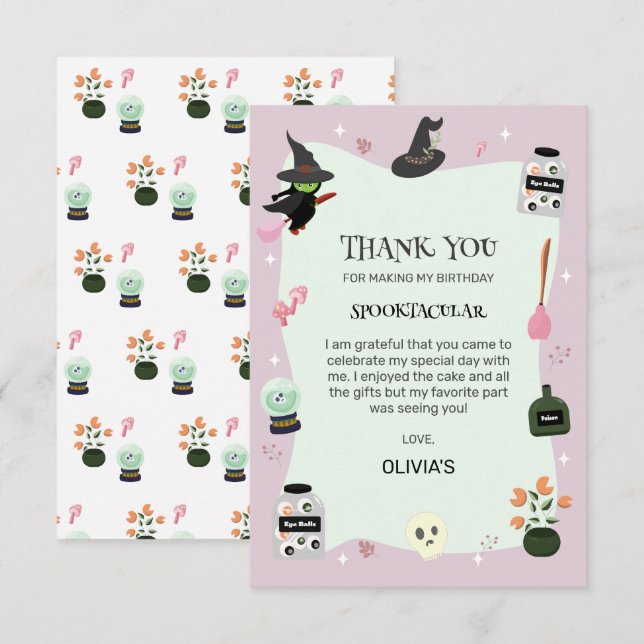 Carte De Remerciements Sorcière verte méchamment mignonne pour un anniver (Devant / Derrière)
