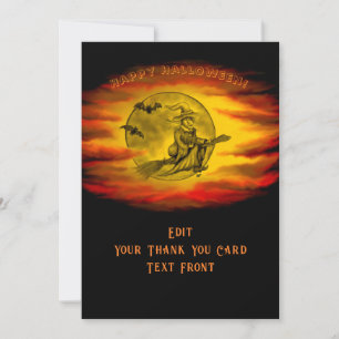 Carte De Remerciements Sorcière volante avec chat noir, nuit halloween