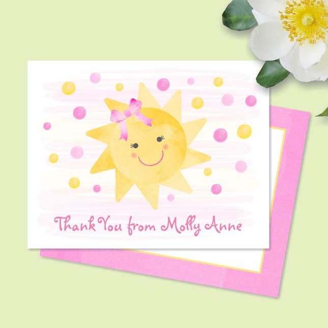 Carte De Remerciements Sourire soleil rose et points jaunes Fille (Créateur téléchargé)