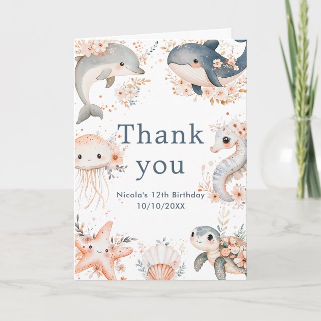 Carte De Remerciements Sous la mer Animaux fête d'anniversaire (Devant)