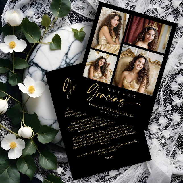 Carte De Remerciements Spanish Black Trendy Quinceañera Collage 4 Photos (Spanish Black Trendy Quinceañera Collage 4 Photos Thank You Card.)