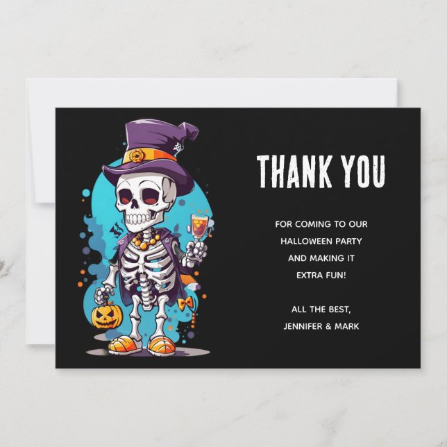 Carte De Remerciements Squelette amusant d'Halloween portant un chapeau h (Devant)
