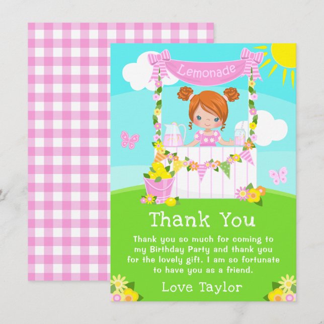 Carte De Remerciements Stand de limonade rose Fête d'anniversaire Fille a (Devant / Derrière)