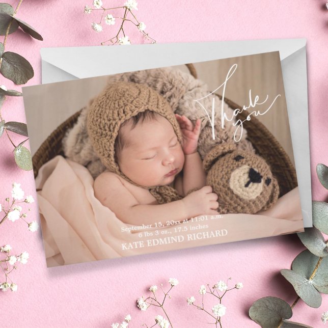 Carte De Remerciements Statistiques de naissance Photos Baby shower manus (Créateur téléchargé)