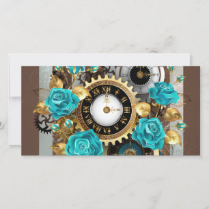 Carte De Remerciements Steampunk Clock and Turquoise Roses on Striped