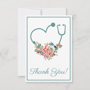 Carte De Remerciements Stethoscope floral Coeur Infirmière Médicale ou mé