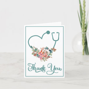 Carte De Remerciements Stéthoscope floral moderne Coeur aidant