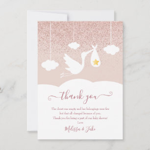 Carte De Remerciements Stork Rose Gold Star Parties scintillant Baby show