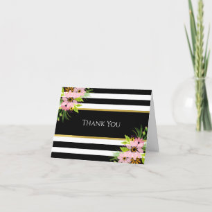 Carte De Remerciements Stylé rose rayé Floral & Or   Personnalisé