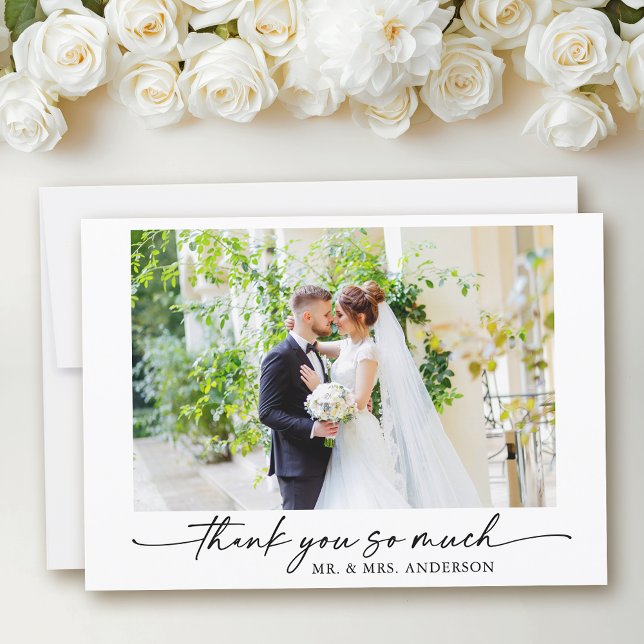 Carte De Remerciements Stylo d'encre Calligraphie moderne Mariage photo (Customize to add text or more photos to back of card.)