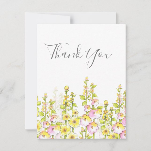 Carte De Remerciements Stylo rose jaune et aquarelle Champ de Hollyhocks (Devant)
