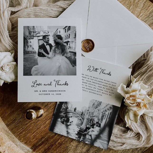 Carte De Remerciements Sucré et capricieux | Simple Mariage photo (A simple, classic, black and white wedding thank you with two photos and whimsical script)