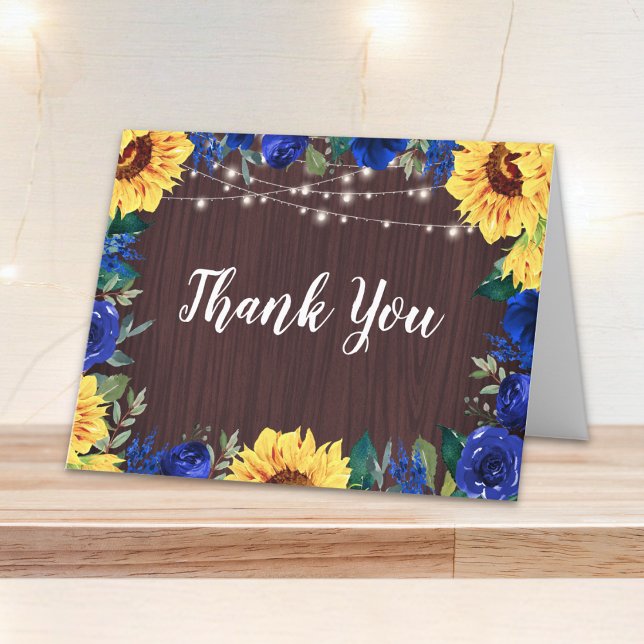 Carte De Remerciements Sunflower Bleu Floral Bordure Mariage Lumières en  (Créateur téléchargé)