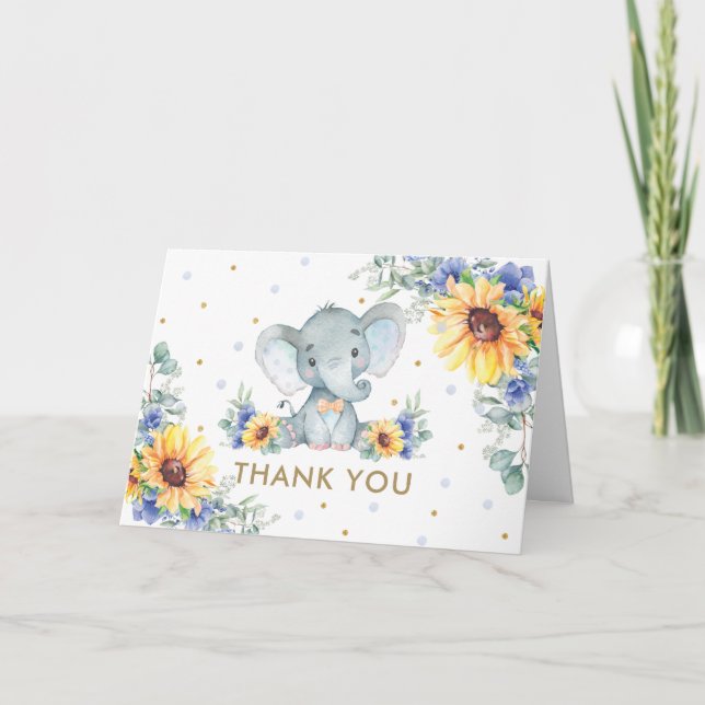 Carte De Remerciements Sunflower Blue Floral Elephant Baby shower garçon (Devant)
