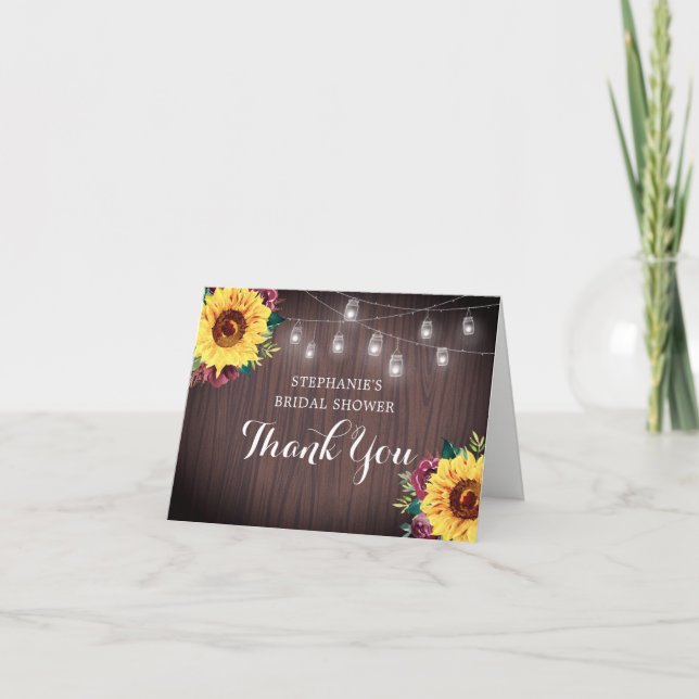 Carte De Remerciements Sunflower Bourgogne jarres Fête des mariées en boi (Devant)