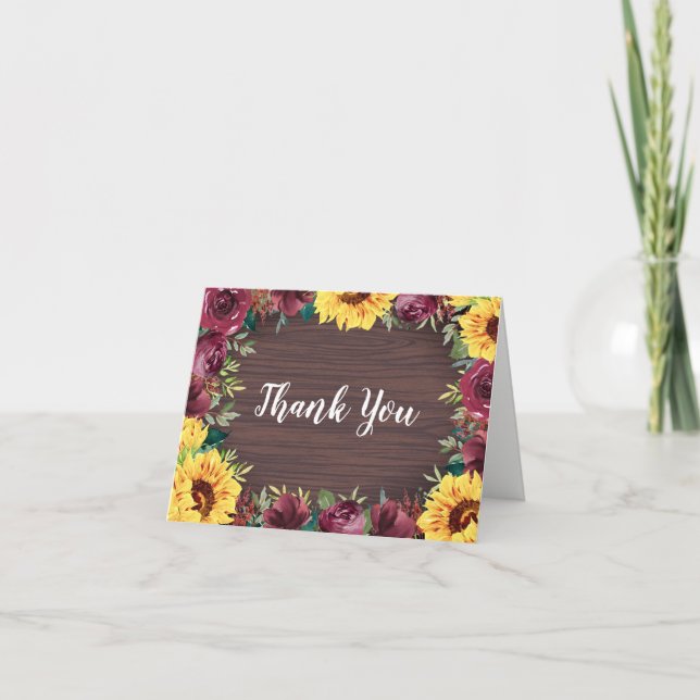 Carte De Remerciements Sunflower Bourgogne Rose Frontière Mariage bois (Devant)