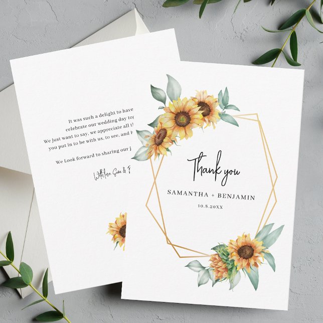 Carte De Remerciements Sunflower Eucalyptus Mariage géométrique (Floral Sunflower Eucalyptus Wedding Thank You Script Card)
