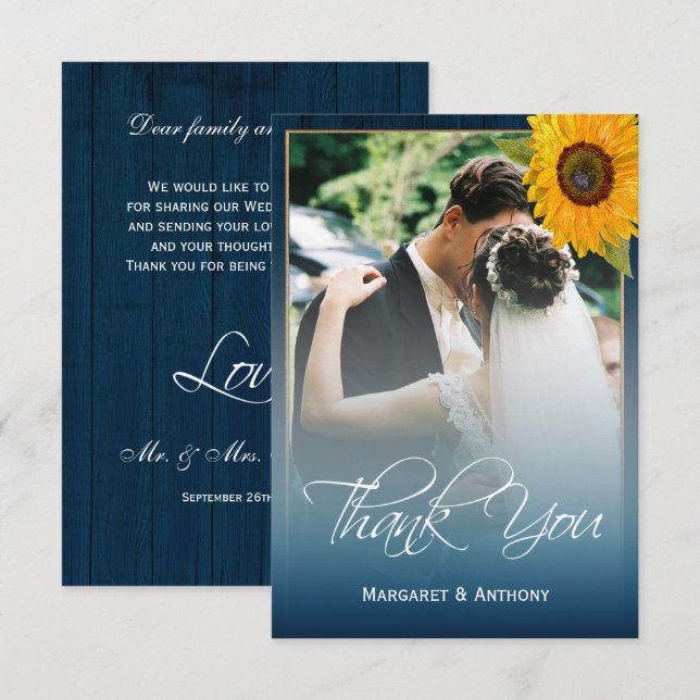 Carte De Remerciements Sunflower Navy Blue Wood Rustic Mariage (Devant / Derrière)