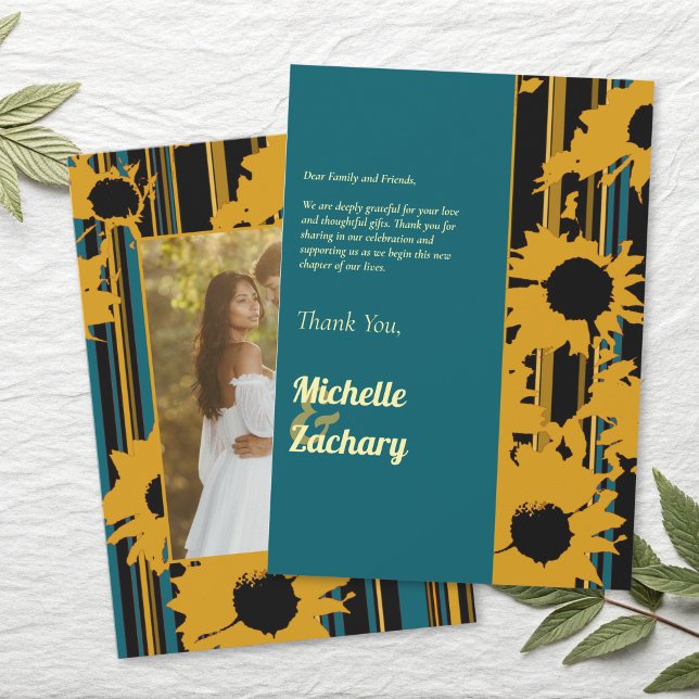 Carte De Remerciements Sunflower Teal Blue Gold Modern Wedding (Créateur téléchargé)
