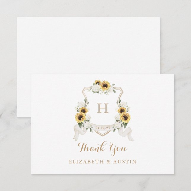 Carte De Remerciements Sunflowers Blanc Hydrangea Crest Mariage Monogramm (Devant / Derrière)