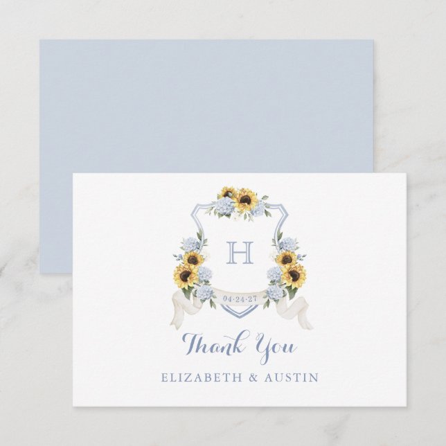 Carte De Remerciements Sunflowers Blue Hydrangea Crest Mariage Monogramme (Devant / Derrière)