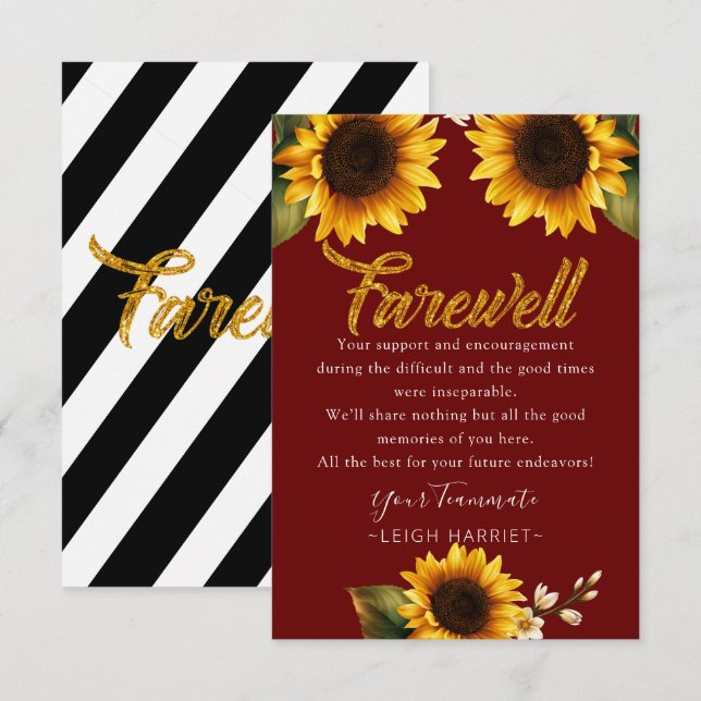 Carte De Remerciements Sunflowers Elegant Lever Coworker fiche d'adieu (Devant / Derrière)