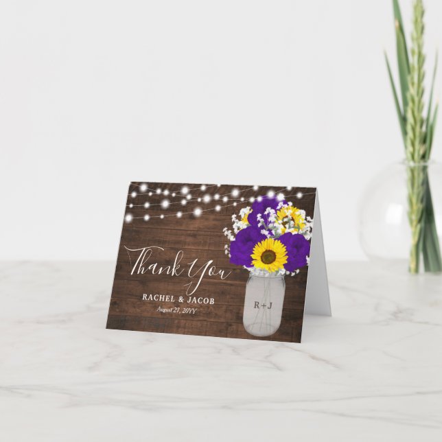 Carte De Remerciements Sunflowers Purple Roses Mason Jar Mariage photo (Devant)