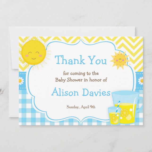 Carte De Remerciements Sunshine et Lemonade Baby shower bleu et jaune (Devant)