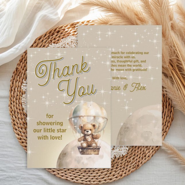 Carte De Remerciements Sur Lune Teddy Bear Baby shower neutre de genre (Over the moon teddy bear hot air balloon baby shower thank you card)