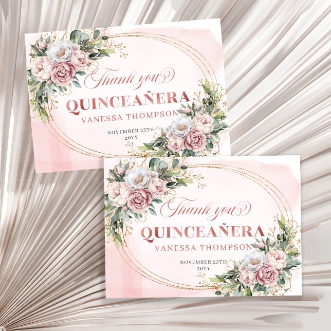 Carte De Remerciements Sweet 15 Boho Thank You Card Rose Gold Greenery (Sweet 15 Boho Thank You Card with Rose Gold Greenery)