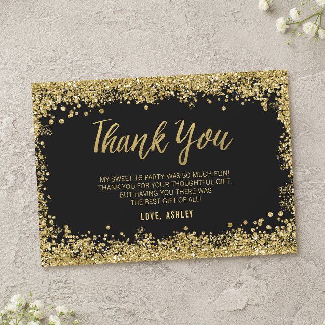 Carte De Remerciements Sweet 16 Black Gold Parties scintillant (Créateur téléchargé)
