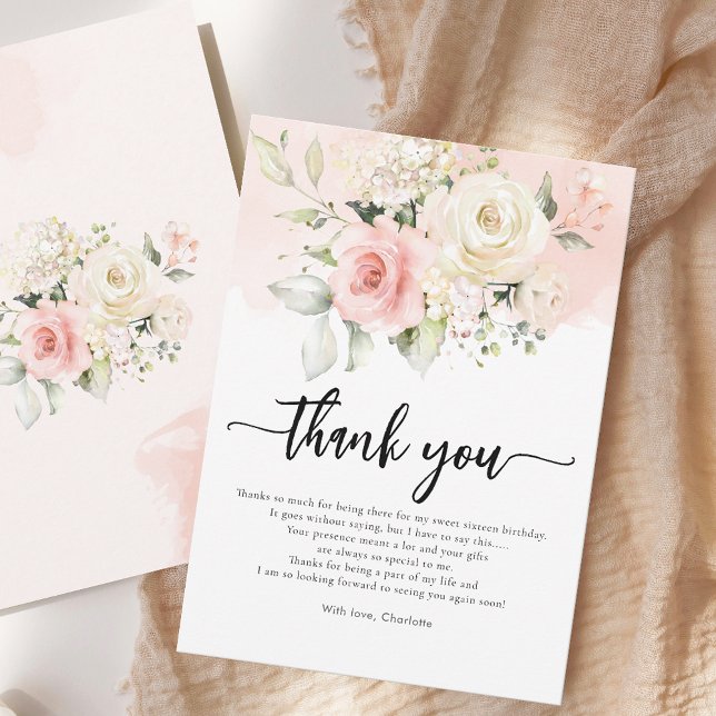 Carte De Remerciements Sweet 16 Rose Floral fête d'anniversaire (Pink Floral Elegant Sweet Sixteen Script Modern Watercolor 16th Birthday Party Guest Thank You)