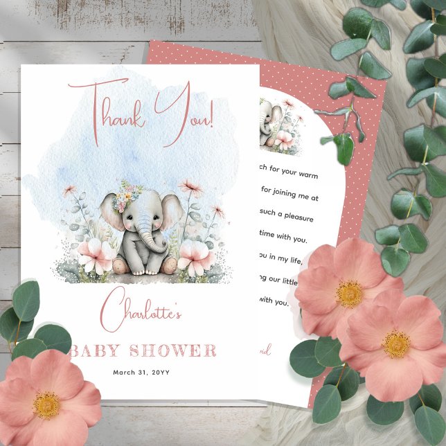 Carte De Remerciements Sweet Baby Elephant Girl Floral Baby shower rose (Créateur téléchargé)