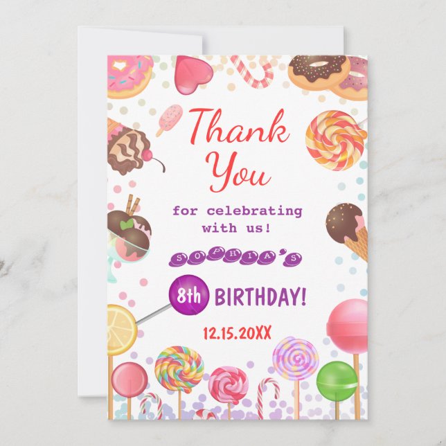 Carte De Remerciements Sweet Candy Land Anniversaire Crème glacée Fête Do (Devant)