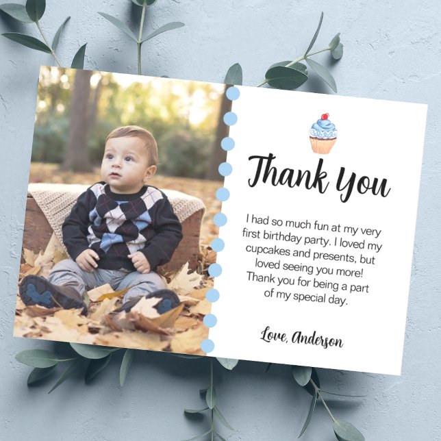 Carte De Remerciements Sweet Cupcake Blue Boy Photo de fête d'anniversair (Créateur téléchargé)