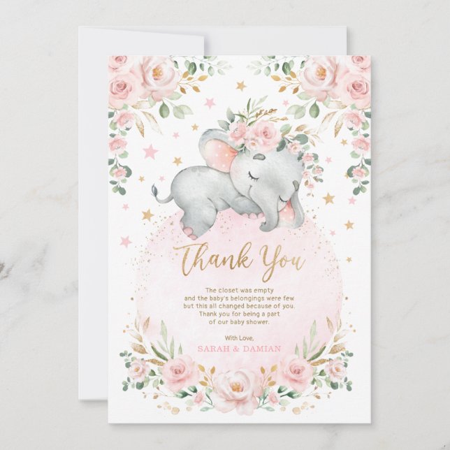 Carte De Remerciements Sweet Elephant Blush rose Lune étoiles Baby shower (Devant)