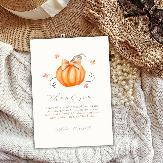 Carte De Remerciements Sweet Little Citrouille Bow Baby shower d'automne (Sweet Little Pumpkin Bow Fall Baby Shower Thank You Card)