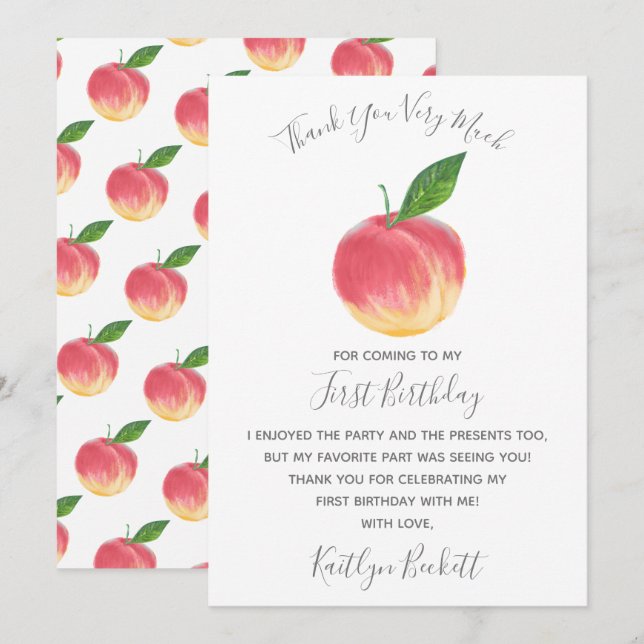 Carte De Remerciements Sweet Little Peach 1er anniversaire (Devant / Derrière)