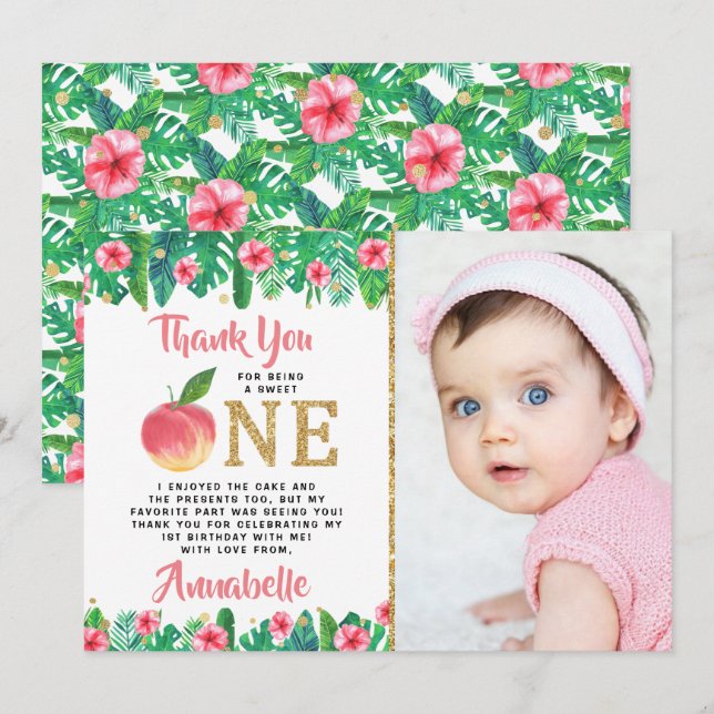 Carte De Remerciements Sweet Peach Girls 1er Anniversaire Photo (Devant / Derrière)