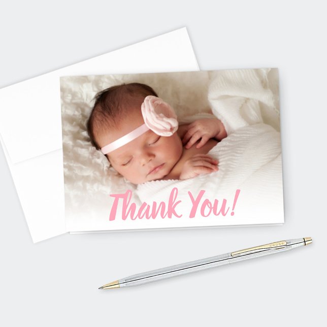 Carte De Remerciements Sweet Pink Script Baby Girl Photo (Créateur téléchargé)