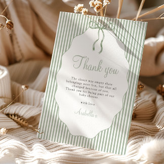 Carte De Remerciements Sweet Pinstriped Green Bow Baby Shower Thank You