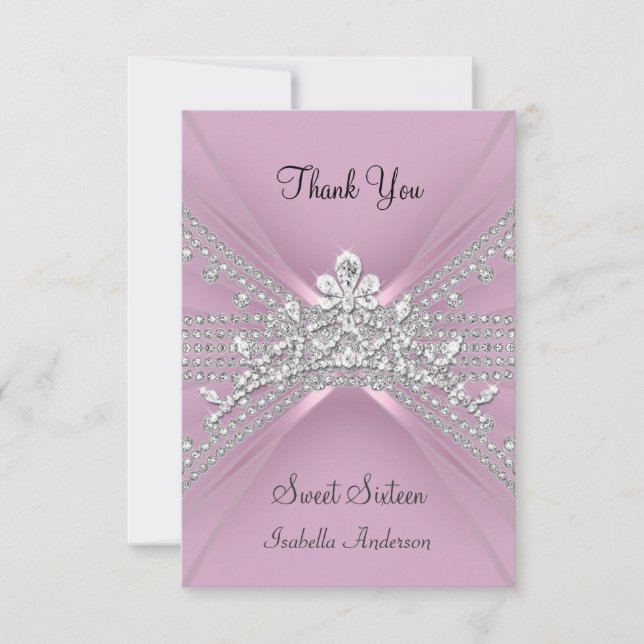 Carte de remerciements Sweet sixteen 16 Tiara rose (Devant)