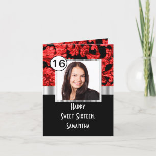 Carte De Remerciements Sweet sixteen damassé rouge et noir