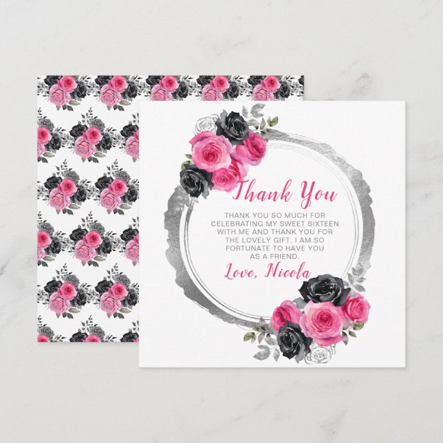 Carte De Remerciements Sweet sixteen de Fleurs Élégantes Rose et Argent C (Devant / Derrière)