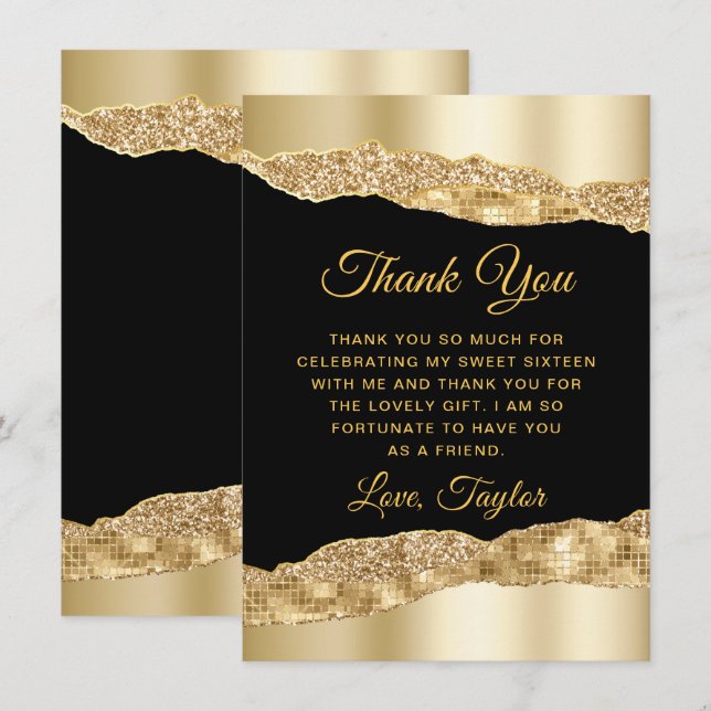 Carte De Remerciements Sweet sixteen de lances or et noir glam (Devant / Derrière)