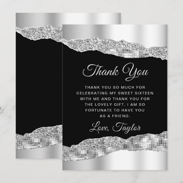 Carte De Remerciements Sweet sixteen des larmes d'argent et de verre noir (Devant / Derrière)
