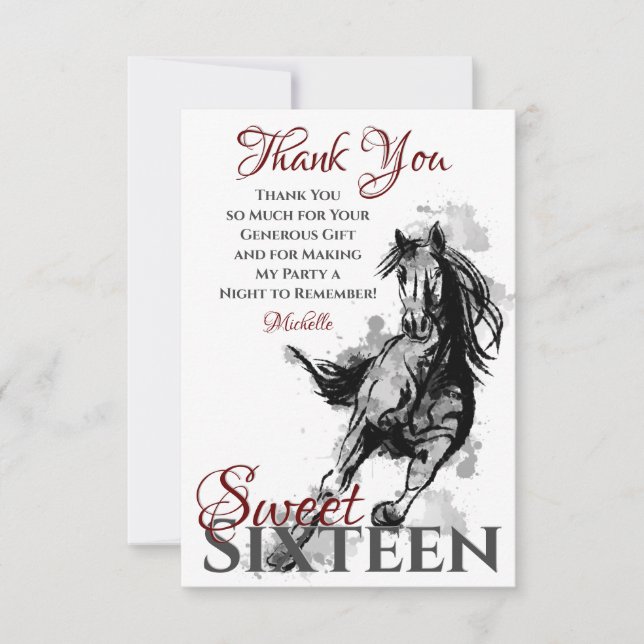 Carte De Remerciements Sweet sixteen Galoping Cheval Croquis Appartement  (Devant)